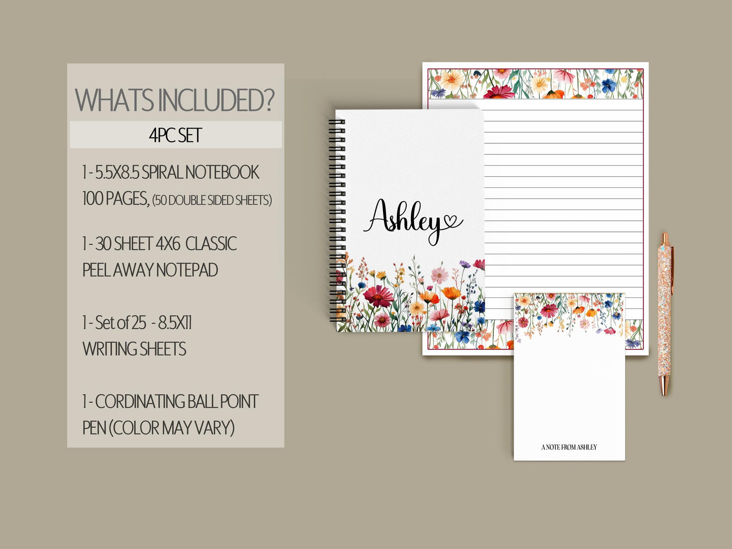 Personalized Stationery Set - Floral Stationery Kit With Spiral Notebook & Lined Writing Sheets