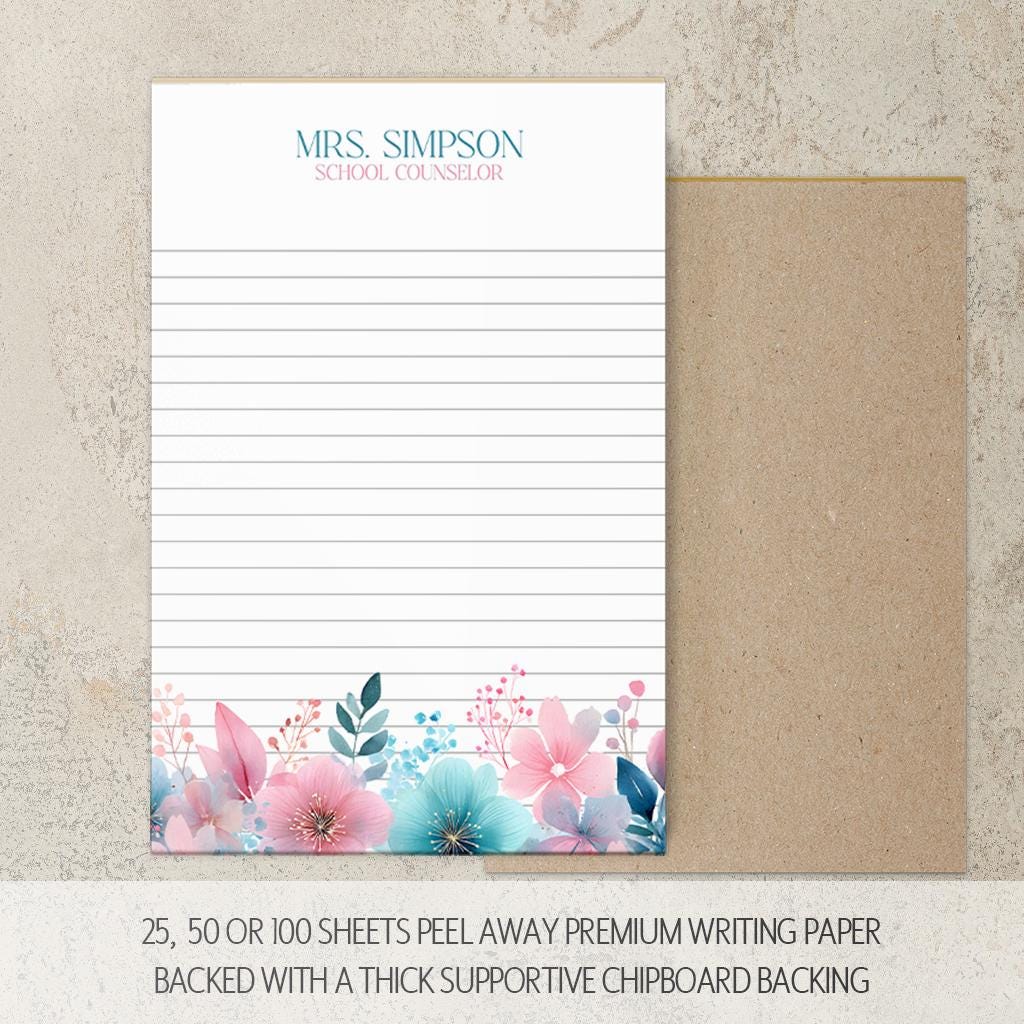 Personalized Flower Notepad – Custom Name Notepads with Pink Blue Flowers, Floral Note Pad