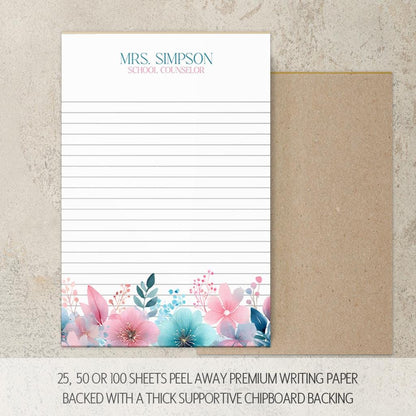 Personalized Flower Notepad – Custom Name Notepads with Pink Blue Flowers, Floral Note Pad