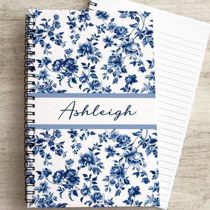 Personalized Blue Notebook – Custom Spiral Bound Journal with Floral Chinoiserie Design