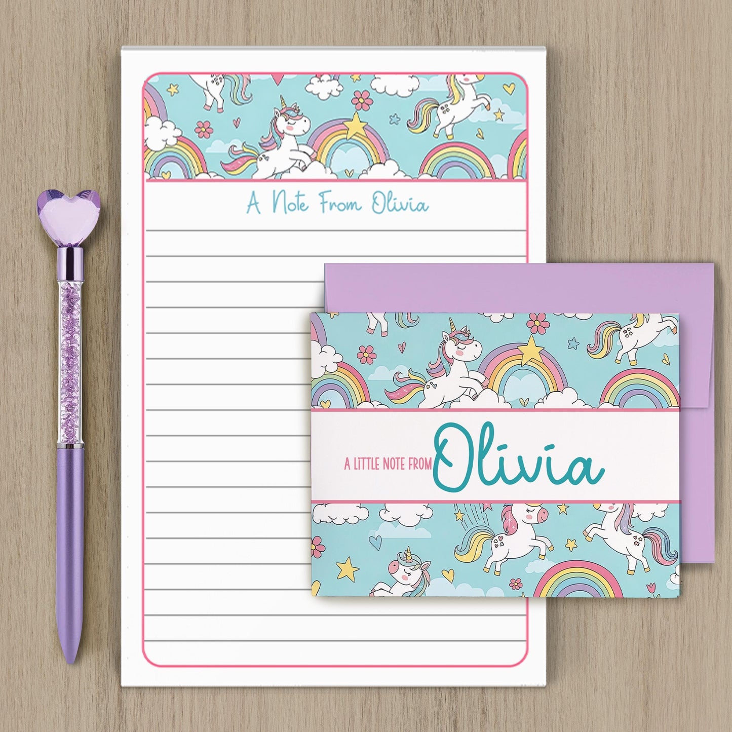 Personalized Stationery Set - Girls Unicorn Letter Writing Kit with Premium Notecards & Self-Seal Envelopes