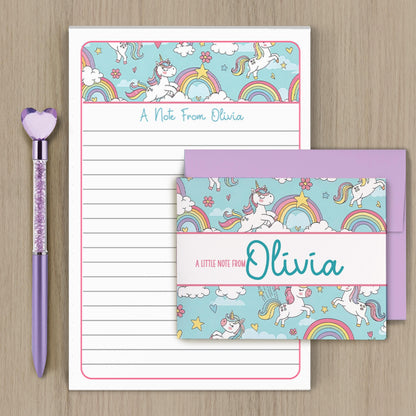 Personalized Stationery Set - Girls Unicorn Letter Writing Kit with Premium Notecards & Self-Seal Envelopes