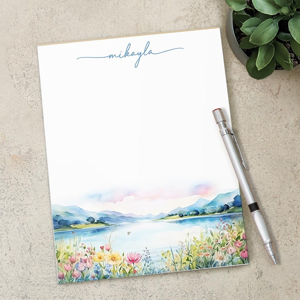 Personalized Notepad - Custom Stationery with Lake Landscape & Flower Design