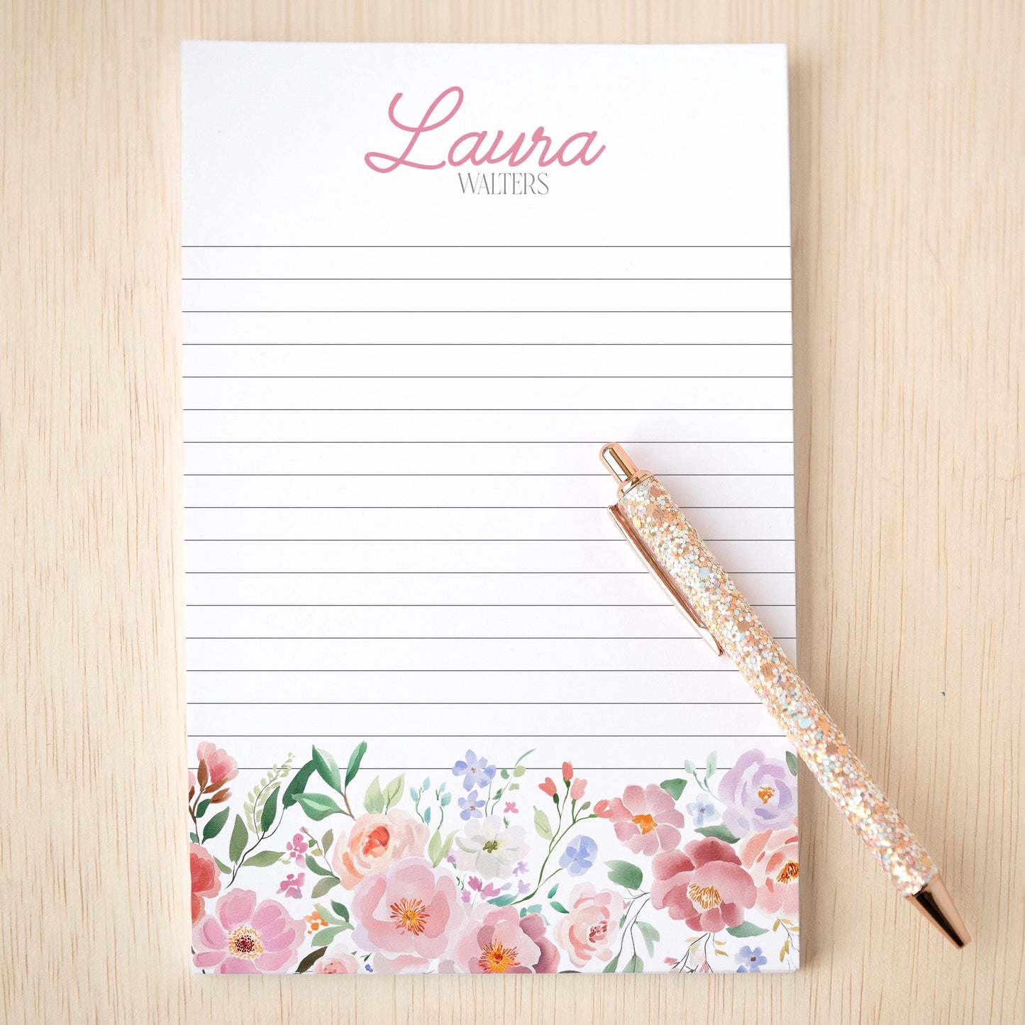 Personalized Flower Notepad – Custom Name Notepads | Pink Floral Garden Stationery Gift