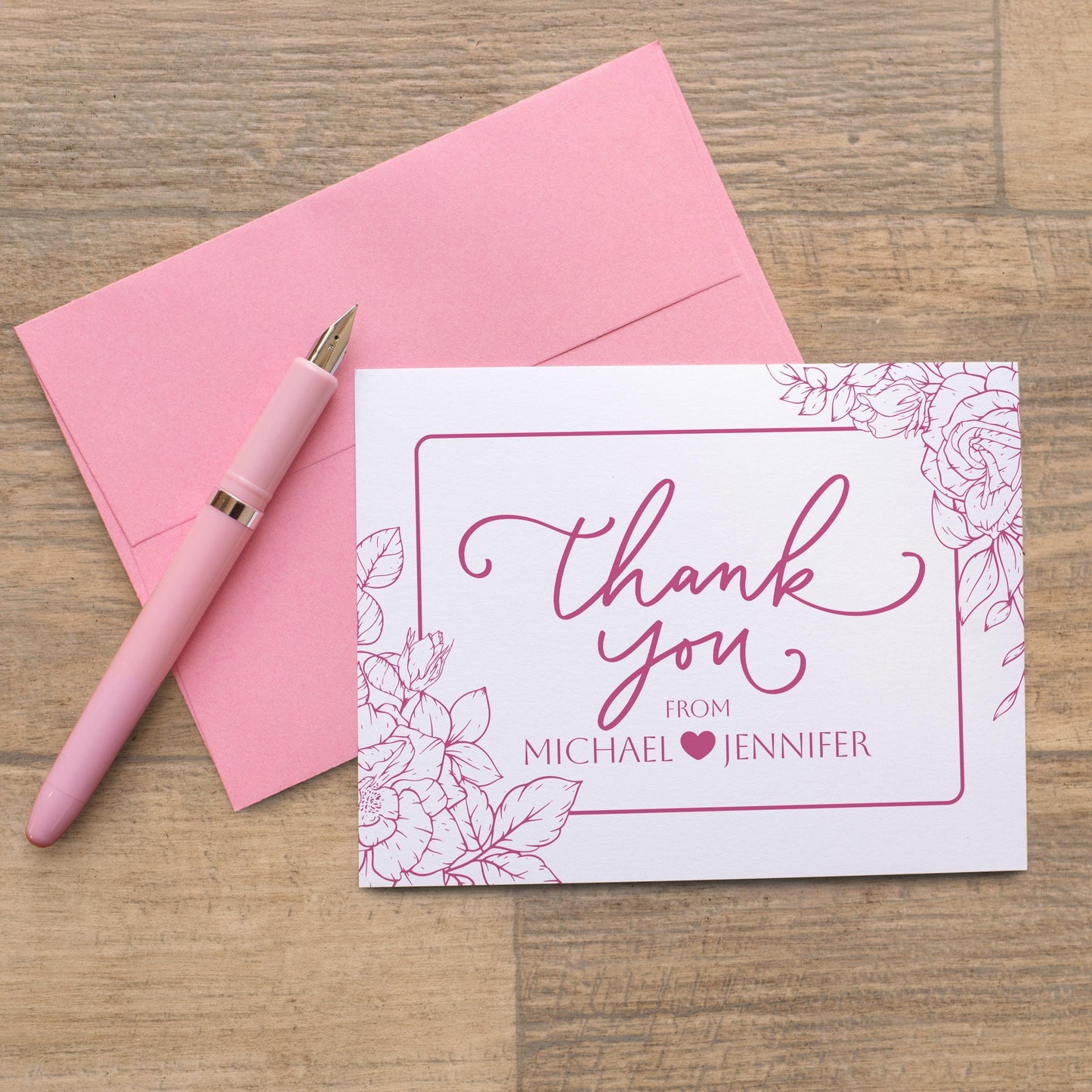 Personalized Wedding Thank You Cards – Floral Folded Cards with Matching Envelopes