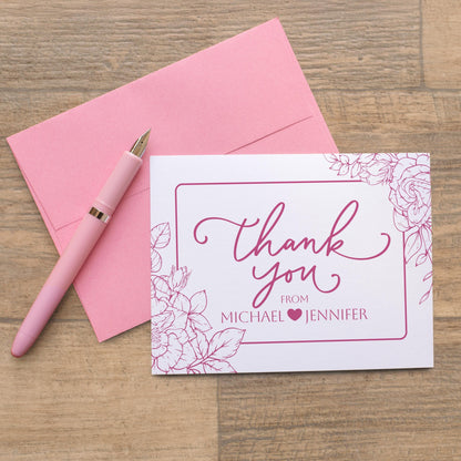 Personalized Wedding Thank You Cards – Floral Folded Cards with Matching Envelopes