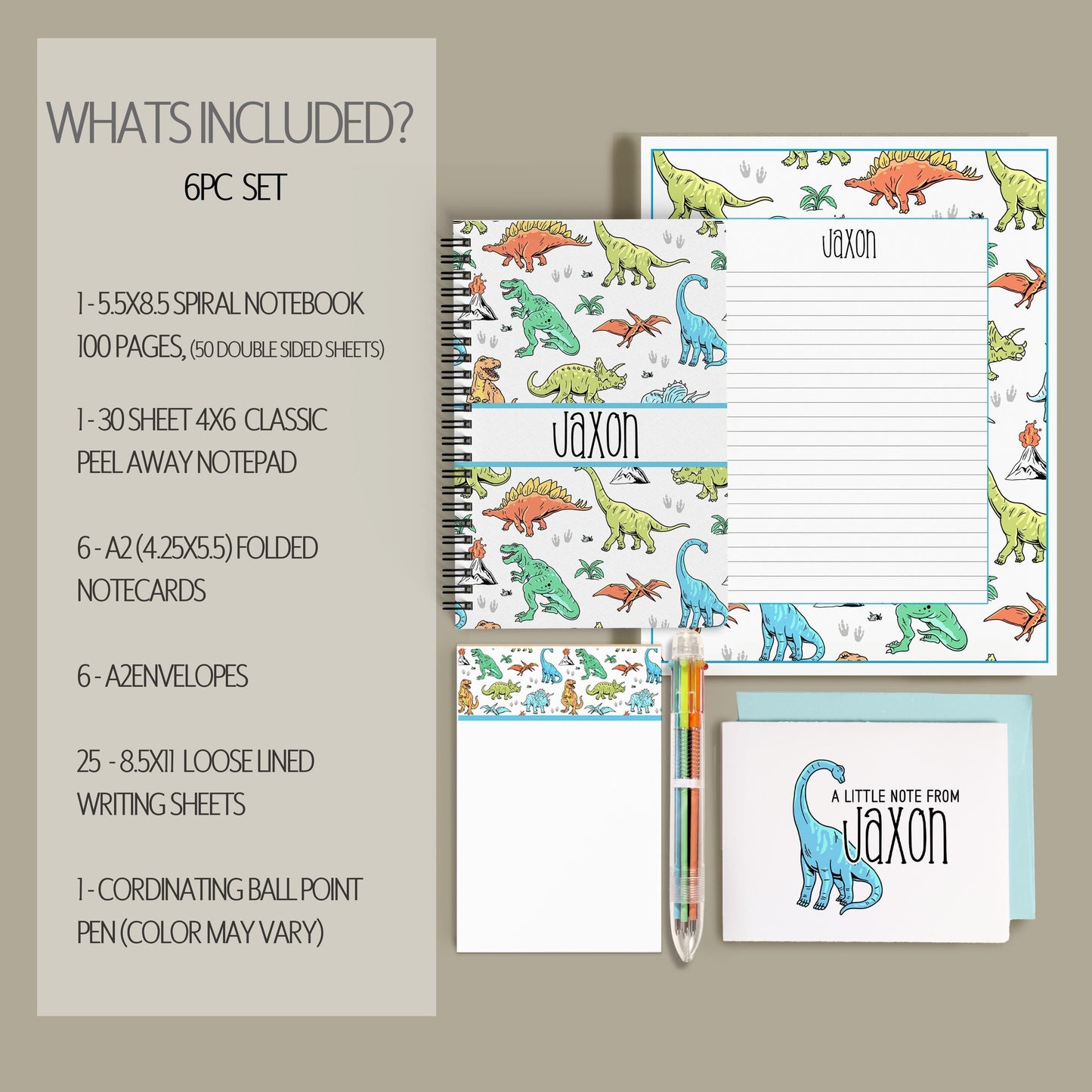 Boys Stationery Set – Personalized Dinosaur Notebook & Custom Writing Paper Kit