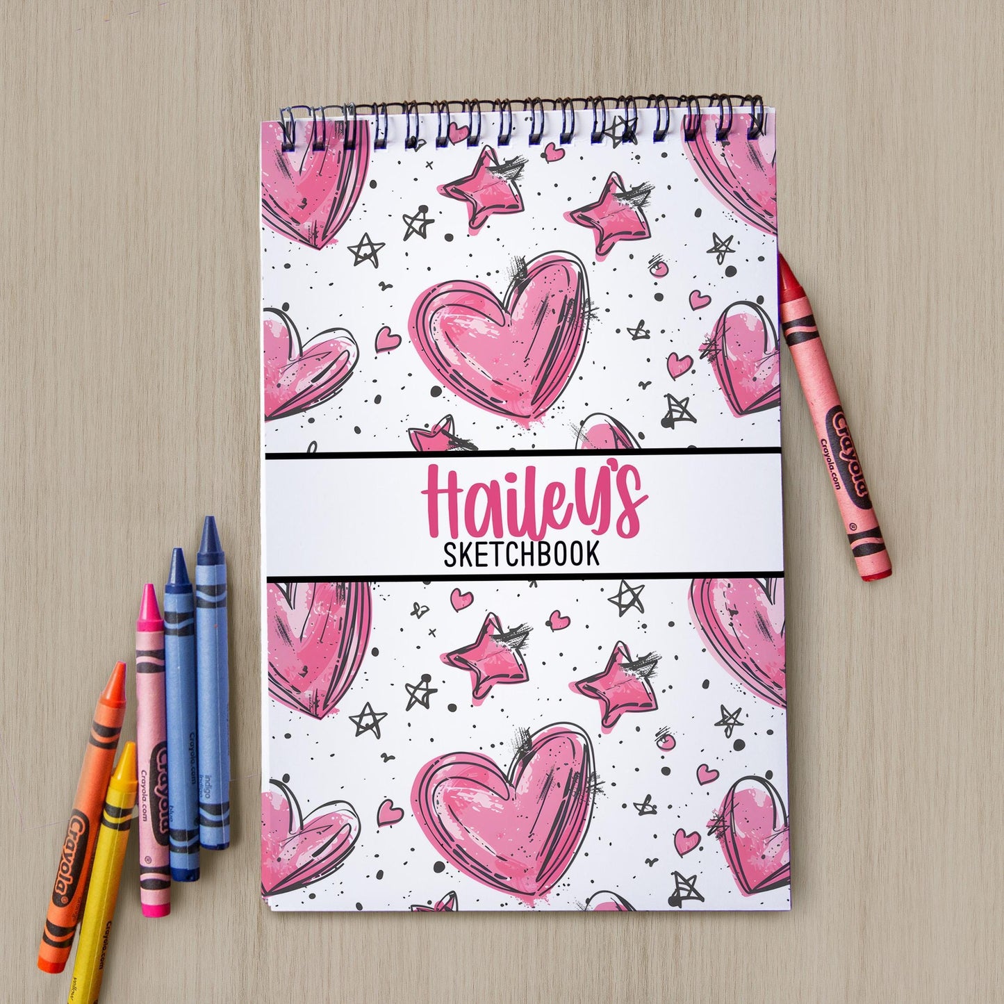 Personalized Kids Sketchbook - Custom Drawing Pad With Pink Heart Doodle, Spiral Bound Art Book