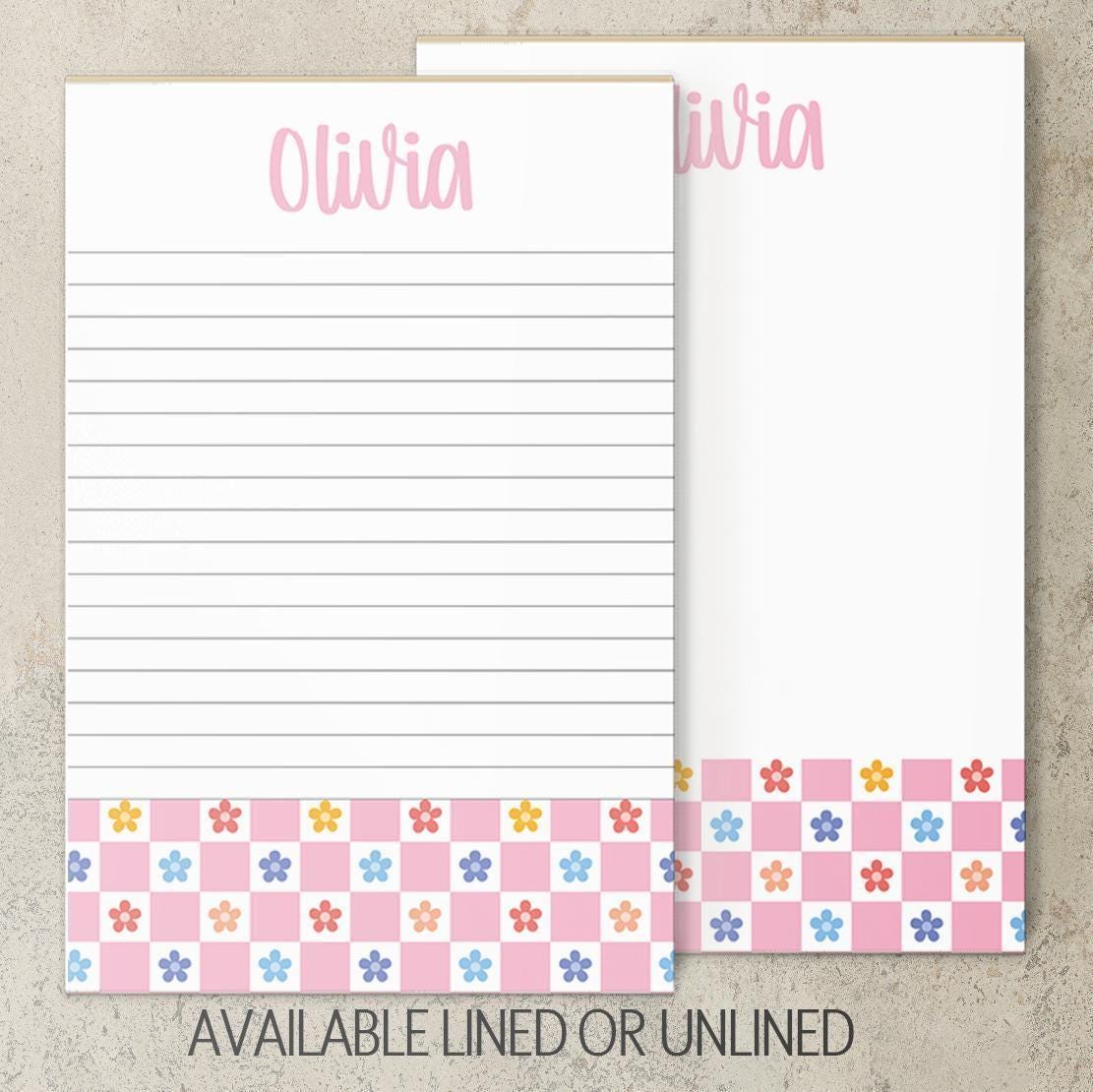 Personalized Girls Notepad – Custom Pink Flower Notepad with Checker Design, Lined Note Pads