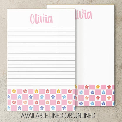 Personalized Girls Notepad – Custom Pink Flower Notepad with Checker Design, Lined Note Pads
