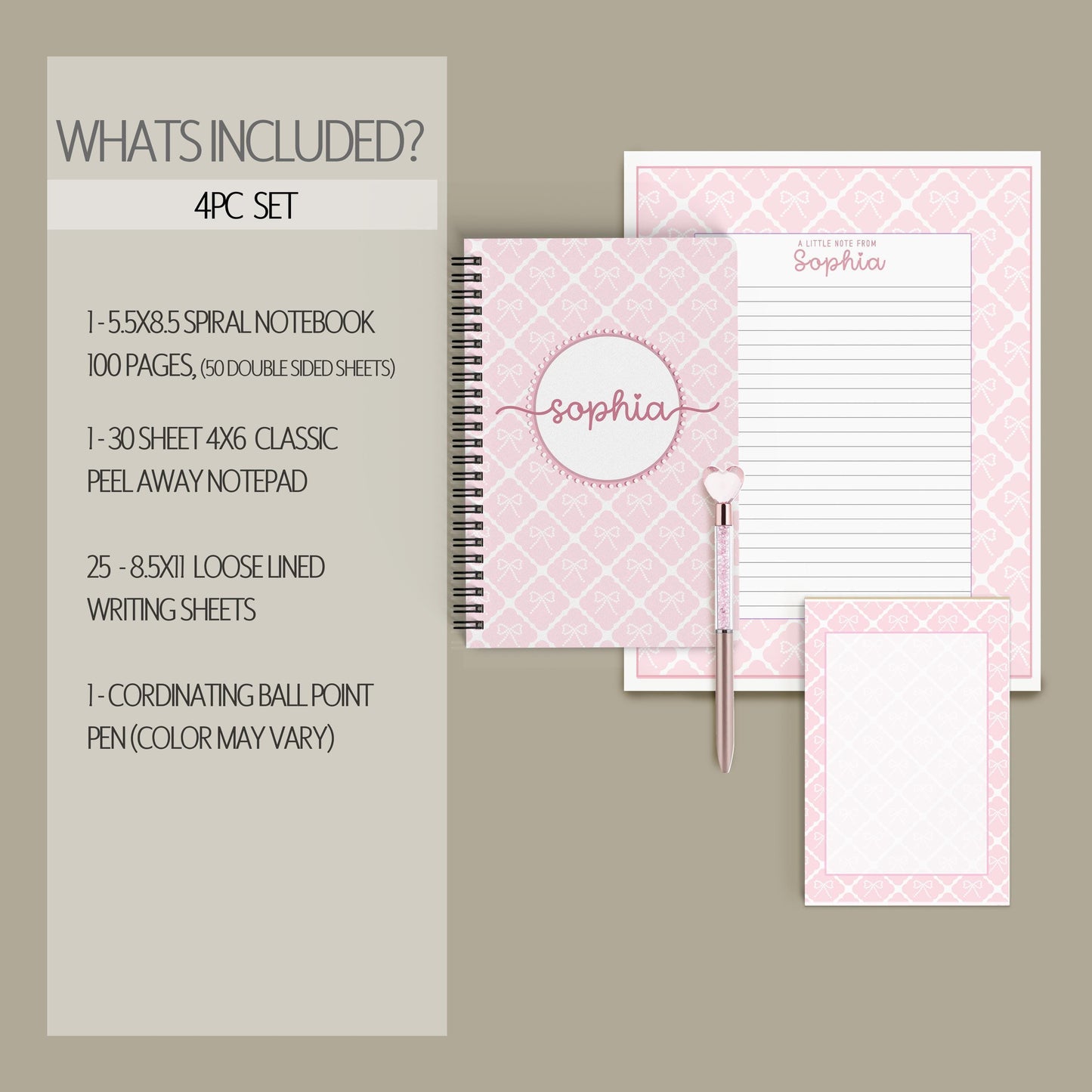 Personalized Stationery Set - Kids Letter Writing Kit with Pink Bow Notebook & Envelopes