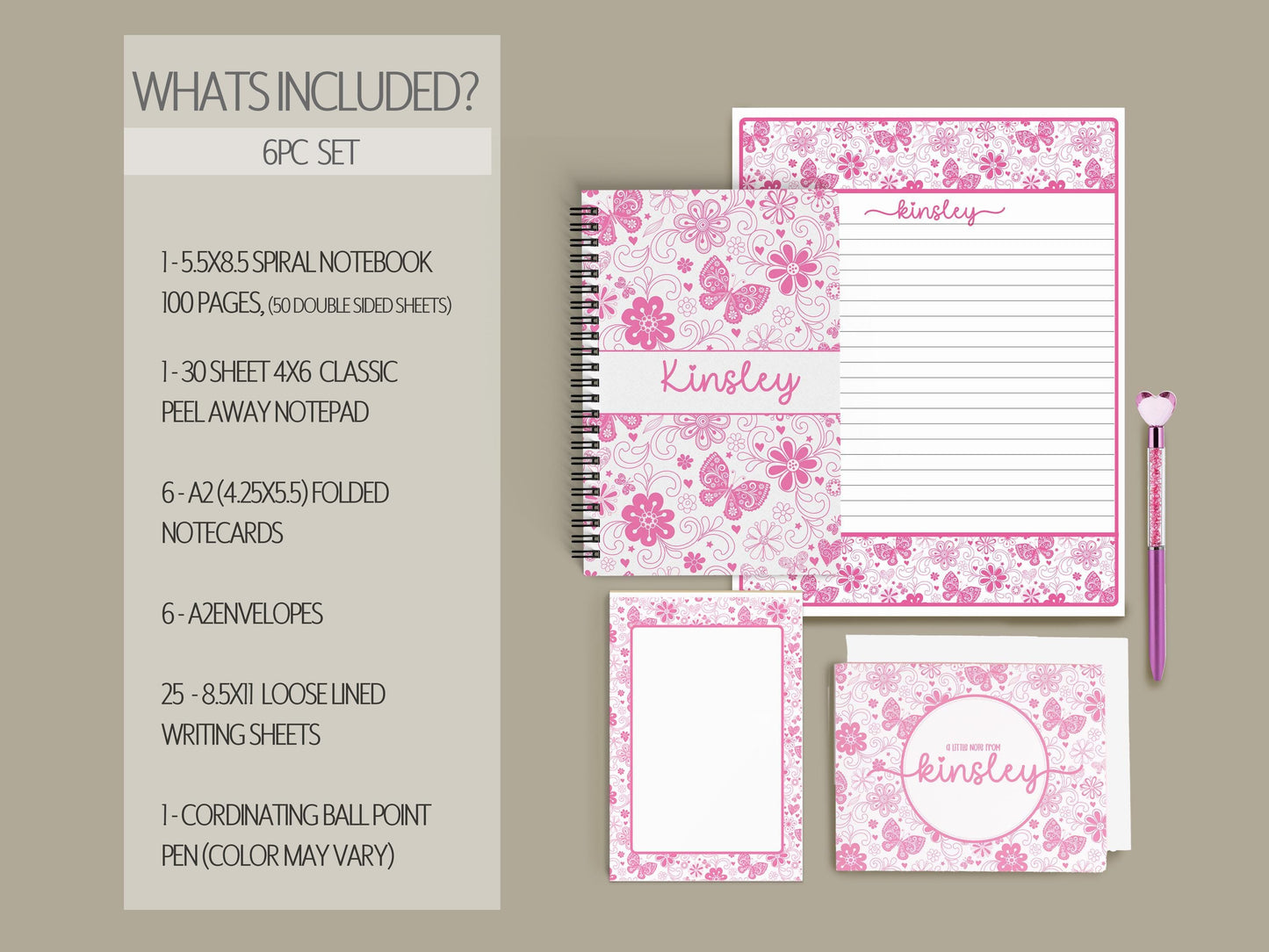 Personalized Stationery Set - Girls Butterfly Letter Writing Set with Spiral Notebook & Pen