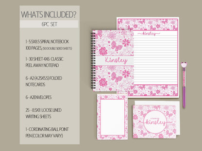 Personalized Stationery Set - Girls Butterfly Letter Writing Set with Spiral Notebook & Pen