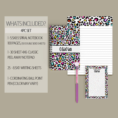 Personalized Stationery Set - Kids Letter Writing Paper & Rainbow Cheetah Notebook