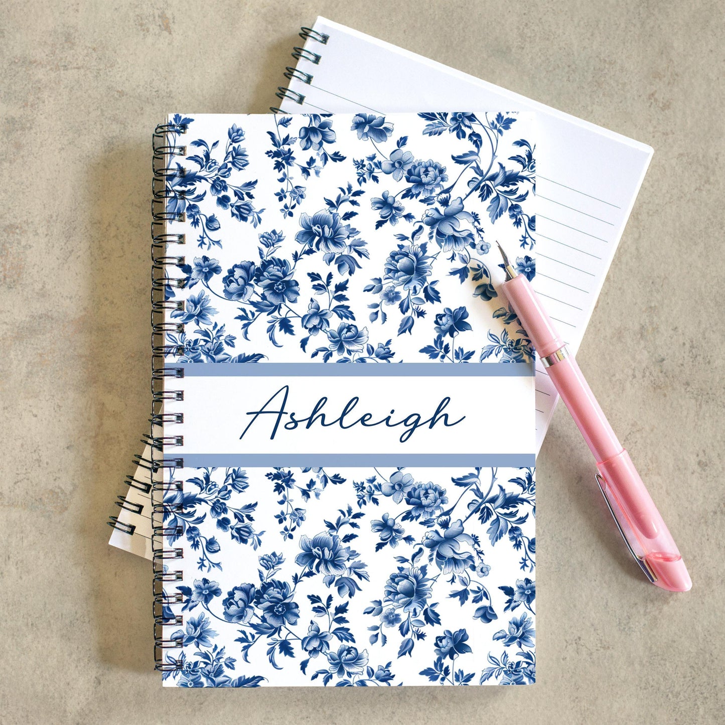 Personalized Blue Notebook – Custom Spiral Bound Journal with Floral Chinoiserie Design