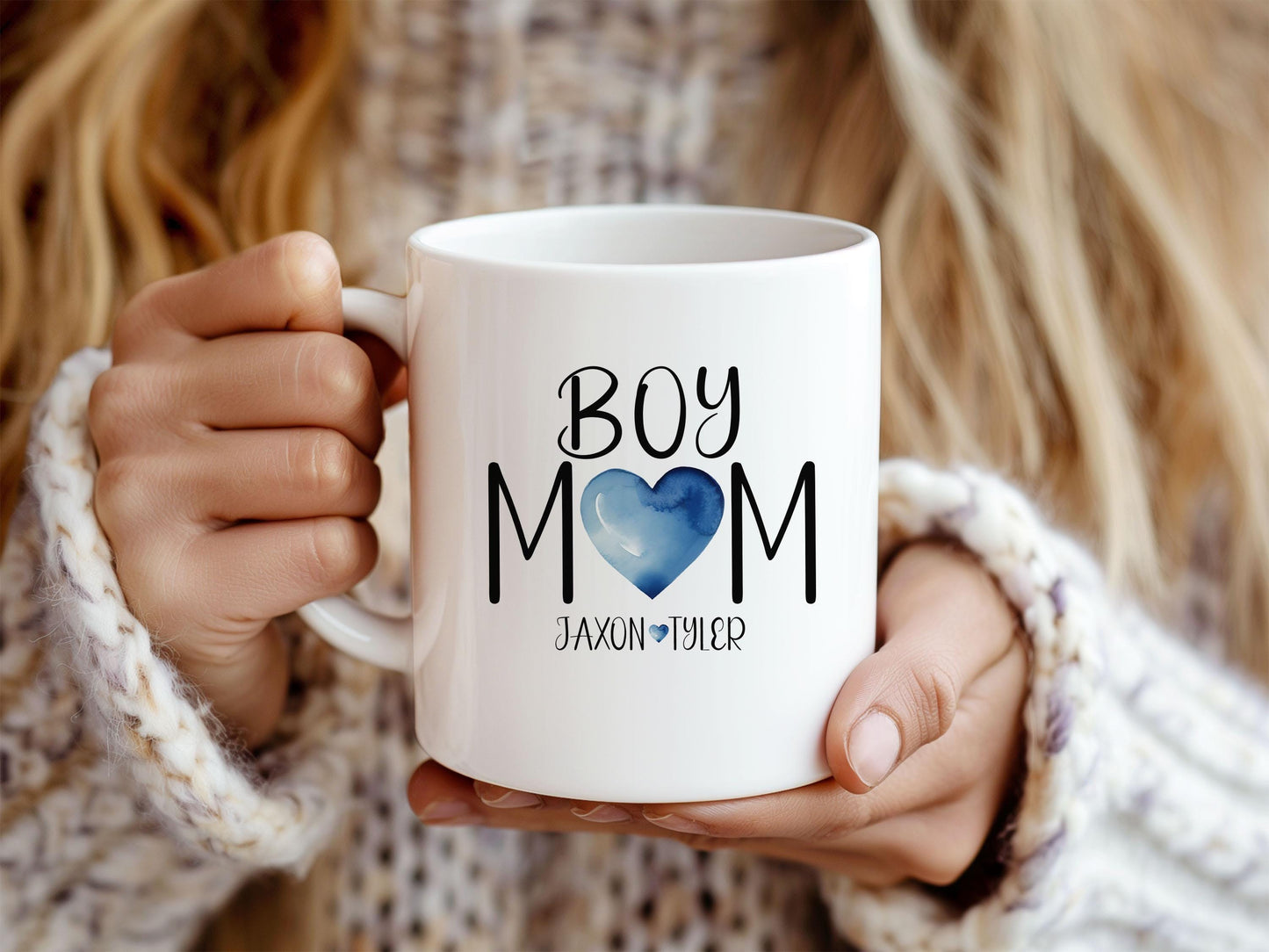 Personalized Boy Mom Mug - Custom Name Mug With Blue Heart | Dishwasher Safe Ceramic Coffee Cup