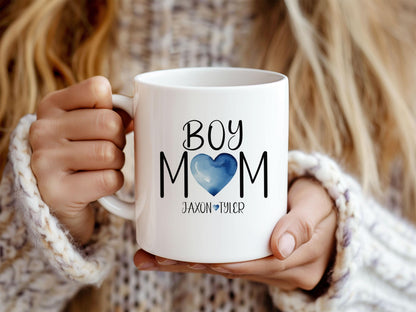 Personalized Boy Mom Mug - Custom Name Mug With Blue Heart | Dishwasher Safe Ceramic Coffee Cup