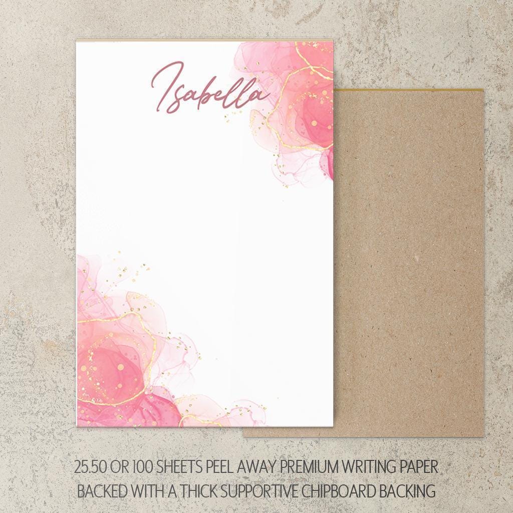 Personalized Notepad - Custom Name Notepad With Pink Watercolor Design, Marble Stationery