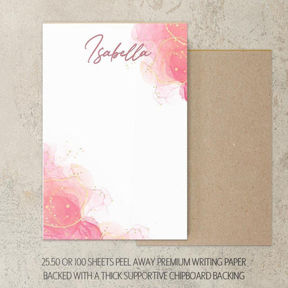 Personalized Notepad - Custom Name Notepad With Pink Watercolor Design, Marble Stationery