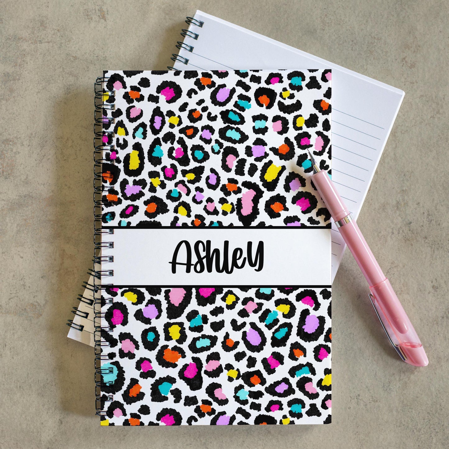 Custom Spiral Notebook - Personalized Journal with Rainbow Leopard Print for Kids