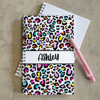 Custom Spiral Notebook - Personalized Journal with Rainbow Leopard Print for Kids