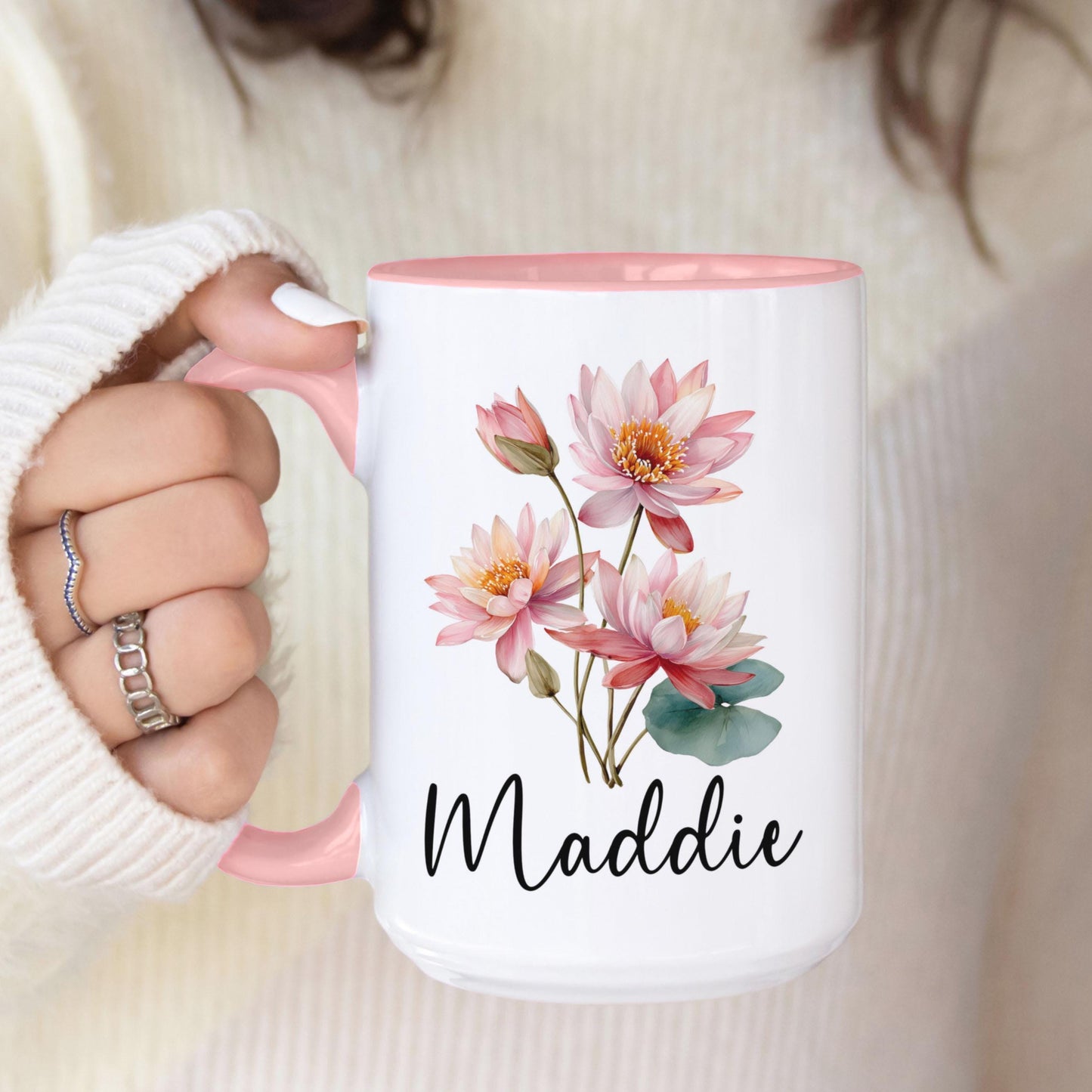 Custom Birth Flower Mug - Personalized Monogram Name Coffee Cup | Ceramic, Microwave Safe