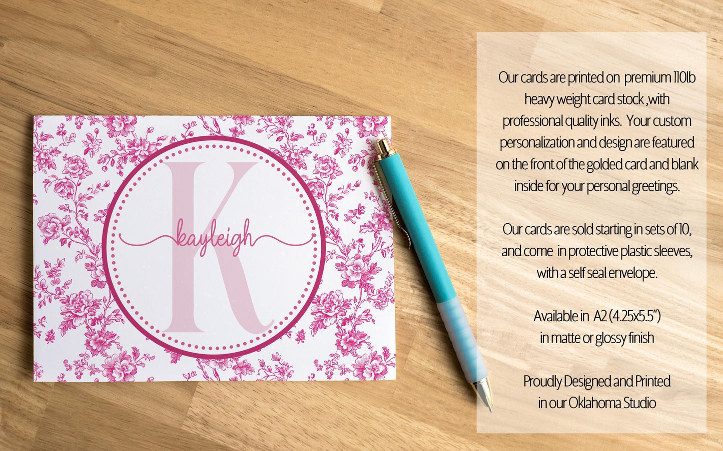 Personalized Note Cards - Custom Folded Notecards Set with Pink Chinoiserie Design & Matching Envelopes