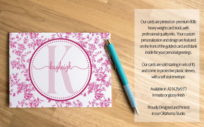 Personalized Note Cards - Custom Folded Notecards Set with Pink Chinoiserie Design & Matching Envelopes