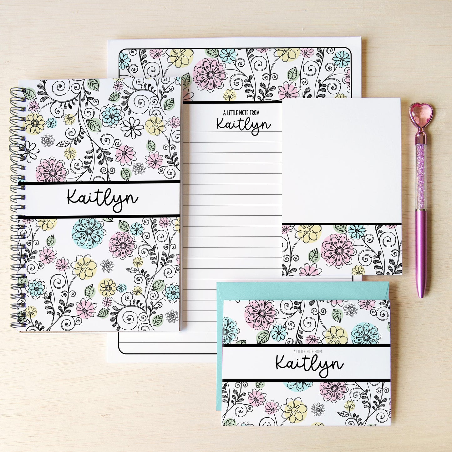 Personalized Stationery Set - Kids Letter Writing Kit with Notebook & Heart Pen