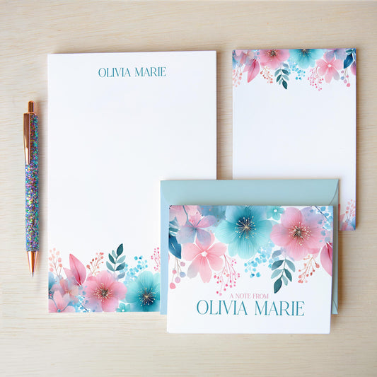 Personalized Stationery Set - Rainbow Wildflowers Letter Writing Sets with Pen & Envelopes