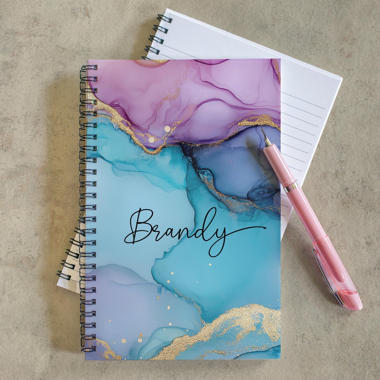 Personalized Notebook - Custom Marbled Ink Journal with Name | Spiral Bound, Purple Teal Gift