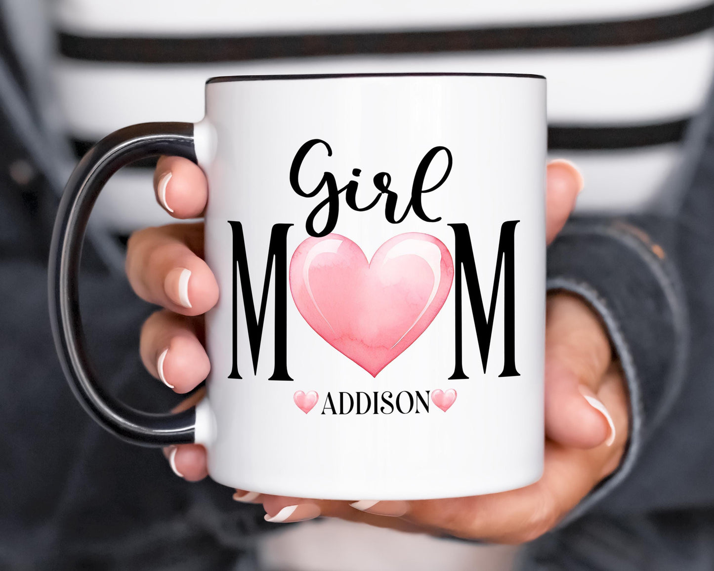 Personalized Girl Mom Mug – Custom Name Ceramic Coffee Cup with Pink Heart Gift for Mom