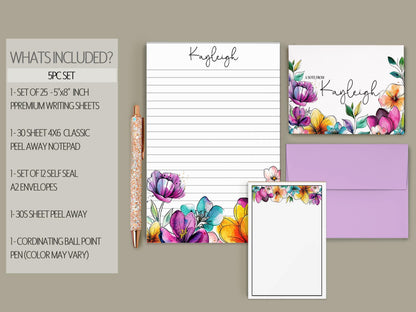 Personalized Stationery Set | Premium Letter Paper, Notecards & Rainbow Flower Notepad Gift Set