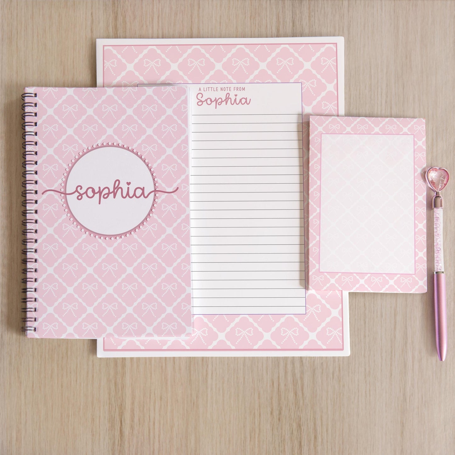 Personalized Stationery Set - Kids Letter Writing Kit with Pink Bow Notebook & Envelopes