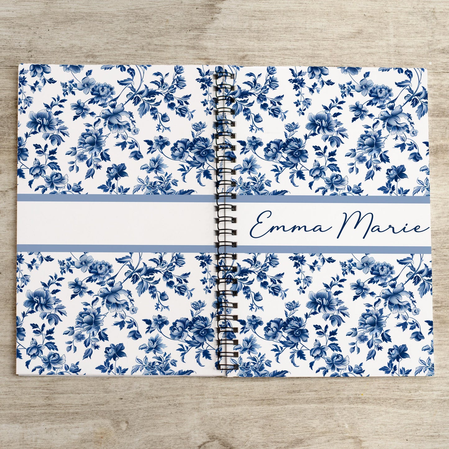 Personalized Blue Notebook – Custom Spiral Bound Journal with Floral Chinoiserie Design