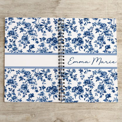 Personalized Blue Notebook – Custom Spiral Bound Journal with Floral Chinoiserie Design