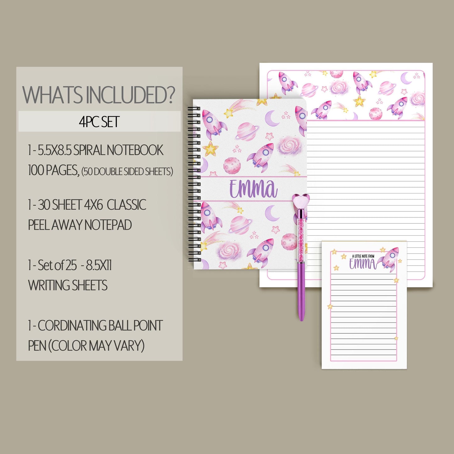Girls Stationery Set - Personalized Kids Letter Writing Kit with Pink Astronaut Notebook & Space Rocket Paper