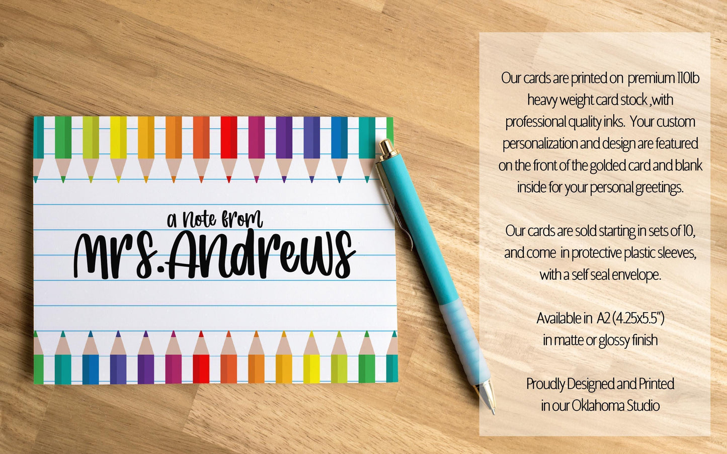 Personalized Teacher Notecards - Custom Note Cards & Matching Envelopes Included