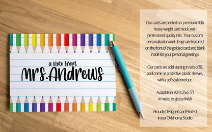Personalized Teacher Notecards - Custom Note Cards & Matching Envelopes Included