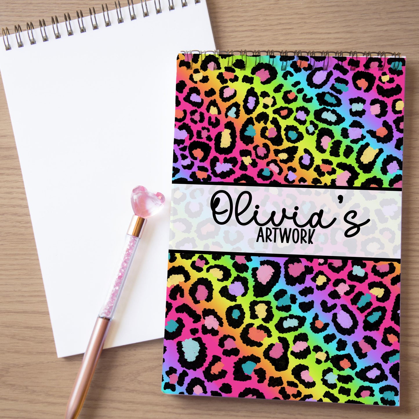 Girls Personalized Sketchbook - Rainbow Leopard Sketchbook with Heavyweight Drawing Paper