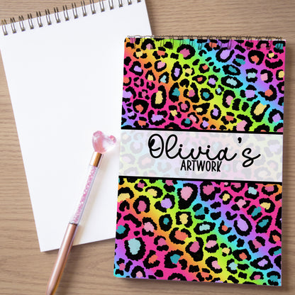 Girls Personalized Sketchbook - Rainbow Leopard Sketchbook with Heavyweight Drawing Paper