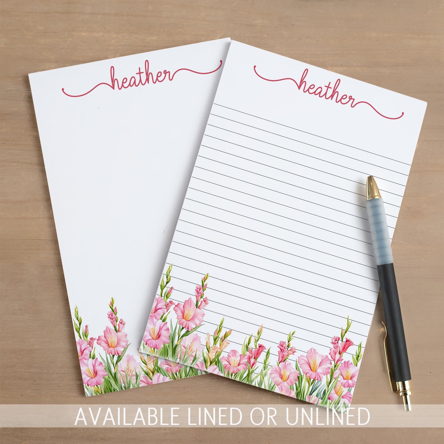 Personalized Notepad - Pink Wildflower Custom Name Note Pad | Floral Stationery Gift
