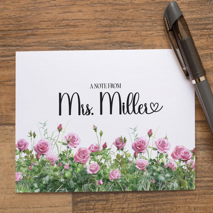 Personalized Note Cards - Pink Rose Folded Cards Set with Custom Stationery & Envelopes