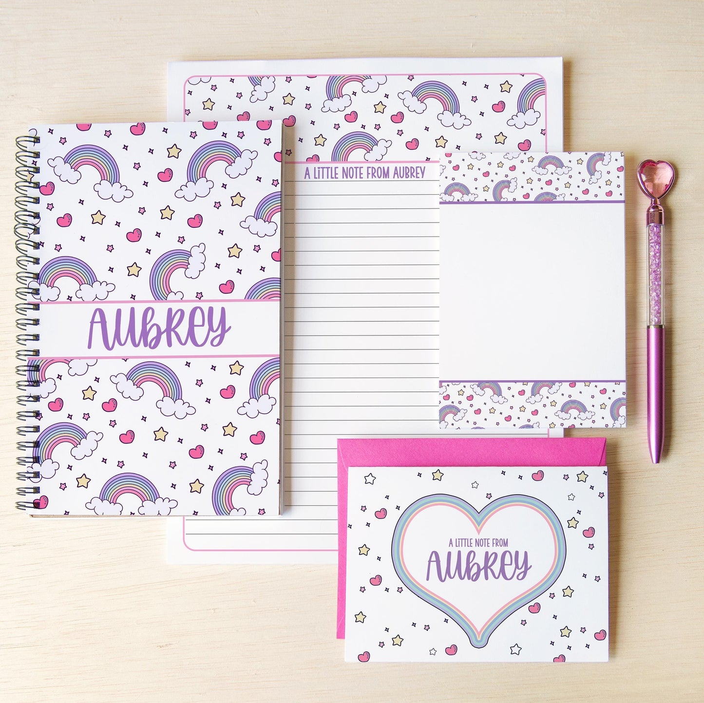 Personalized Stationery Set - Rainbow Letter Set with Girls Writing Paper & Custom Note Cards