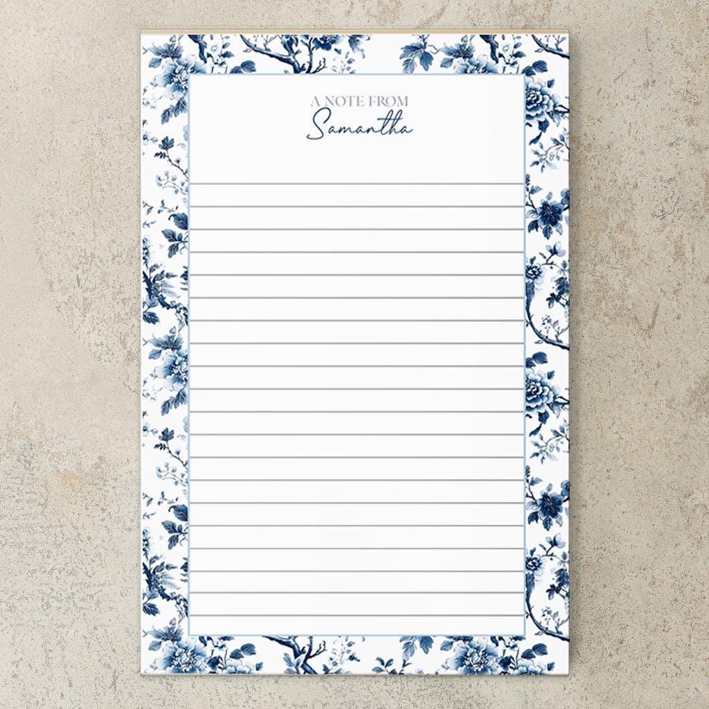 Personalized Notepad - Custom Name Notepads with Blue White Stationery & Floral Chinoiserie Design