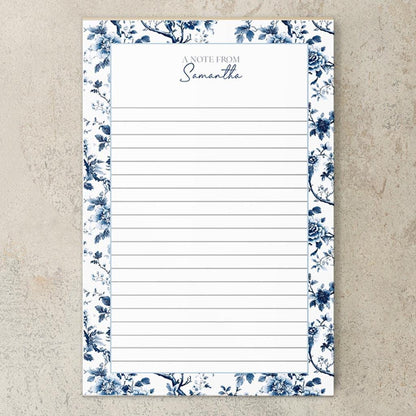 Personalized Notepad - Custom Name Notepads with Blue White Stationery & Floral Chinoiserie Design