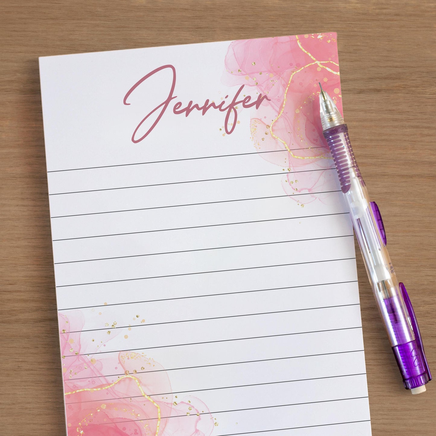Personalized Notepad - Custom Name Notepad With Pink Watercolor Design, Marble Stationery