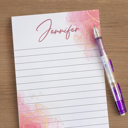 Personalized Notepad - Custom Name Notepad With Pink Watercolor Design, Marble Stationery