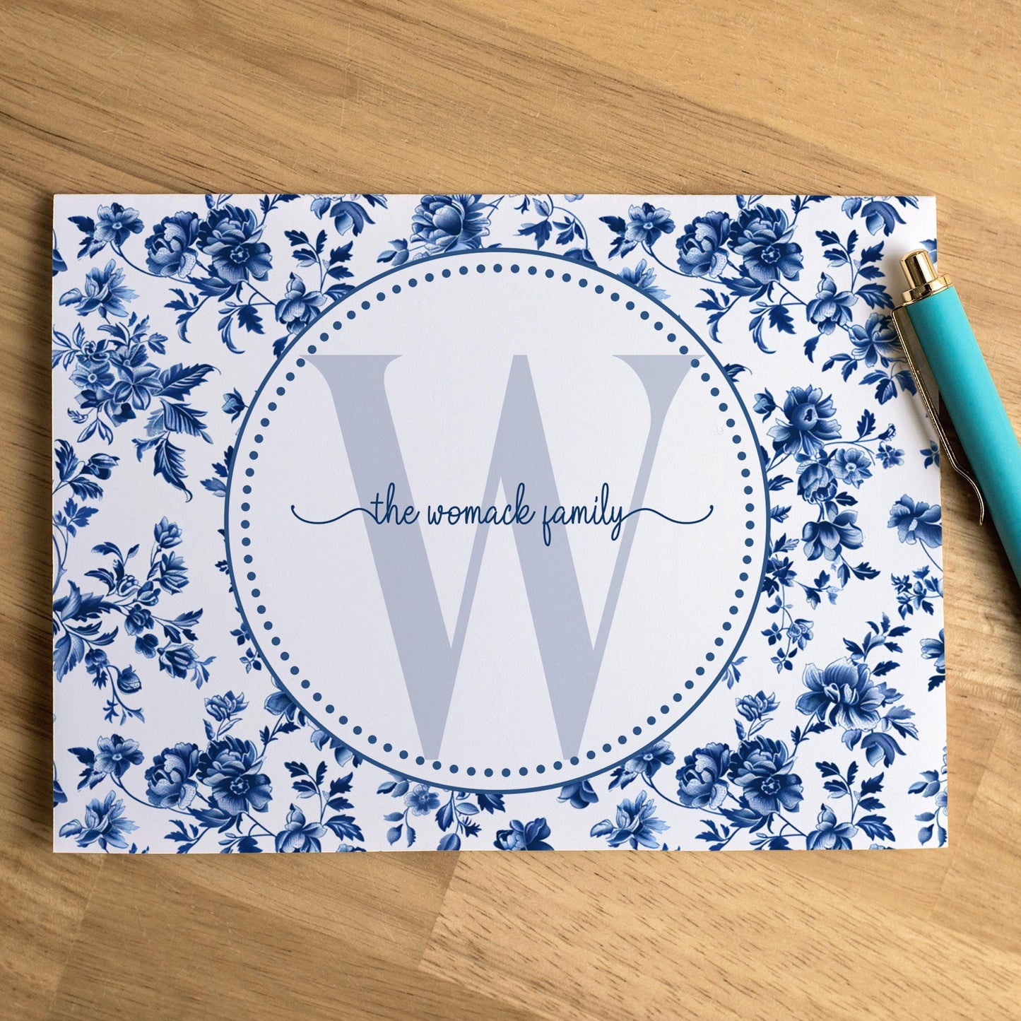 Personalized Note Cards – Custom Folded Notecards Set with Blue White Toile Stationery