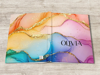 Personalized Hardcover Journal - Custom Name Rainbow Marble Notebook for Women's Writing